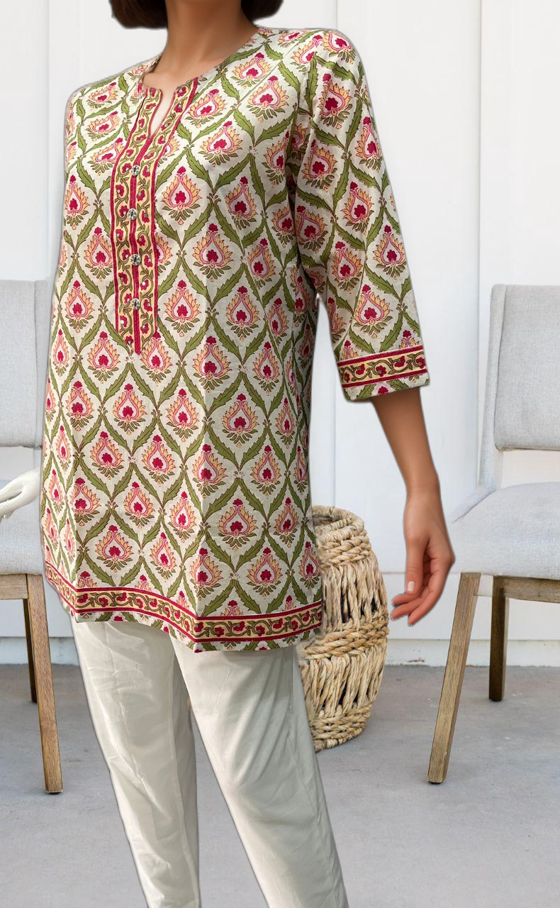 White/Pink Garden Jaipuri Cotton Short Kurti. Pure Versatile Cotton. | Laces and Frills - Laces and Frills