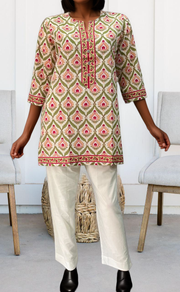 White/Pink Garden Jaipuri Cotton Short Kurti. Pure Versatile Cotton. | Laces and Frills - Laces and Frills