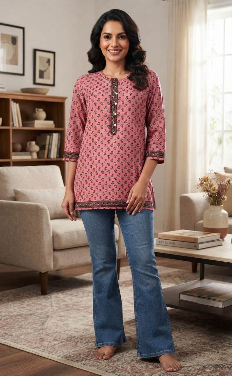 Pink Flora Jaipuri Cotton Short Kurti. Pure Versatile Cotton. | Laces and Frills