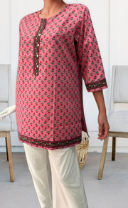 Pink Flora Jaipuri Cotton Short Kurti. Pure Versatile Cotton. | Laces and Frills - Laces and Frills