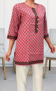 Pink Flora Jaipuri Cotton Short Kurti. Pure Versatile Cotton. | Laces and Frills - Laces and Frills