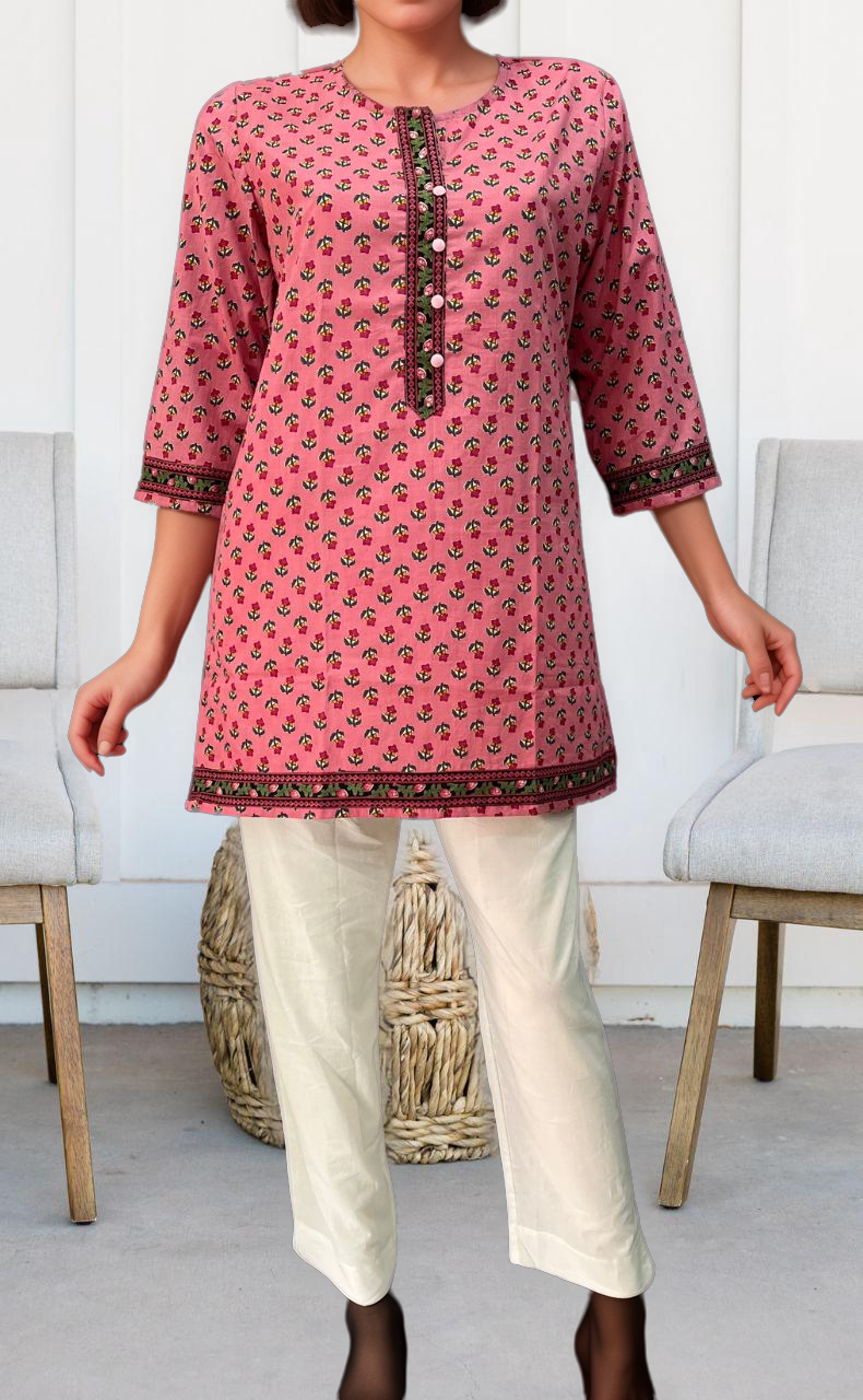 Pink Flora Jaipuri Cotton Short Kurti. Pure Versatile Cotton. | Laces and Frills - Laces and Frills