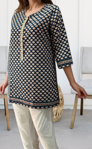 Navy Blue Motif Jaipuri Cotton Short Kurti. Pure Versatile Cotton. | Laces and Frills - Laces and Frills