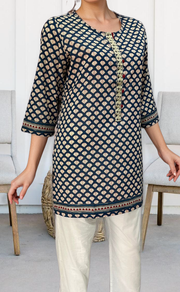 Navy Blue Motif Jaipuri Cotton Short Kurti. Pure Versatile Cotton. | Laces and Frills - Laces and Frills