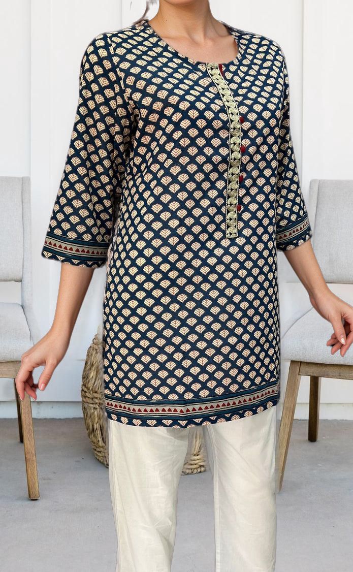 Navy Blue Motif Jaipuri Cotton Short Kurti. Pure Versatile Cotton. | Laces and Frills - Laces and Frills