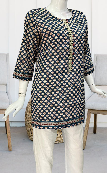 Navy Blue Motif Jaipuri Cotton Short Kurti. Pure Versatile Cotton. | Laces and Frills - Laces and Frills
