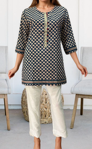 Navy Blue Motif Jaipuri Cotton Short Kurti. Pure Versatile Cotton. | Laces and Frills - Laces and Frills