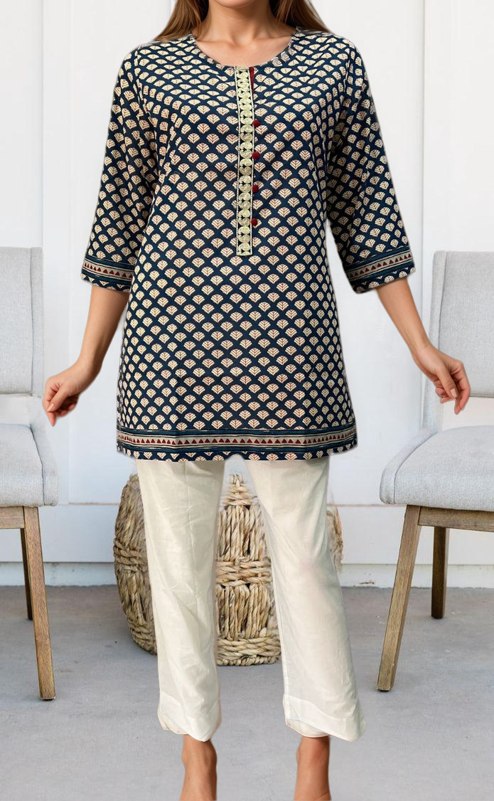 Navy Blue Motif Jaipuri Cotton Short Kurti. Pure Versatile Cotton. | Laces and Frills - Laces and Frills