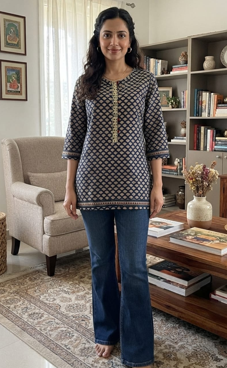 Navy Blue Motif Jaipuri Cotton Short Kurti. Pure Versatile Cotton. | Laces and Frills