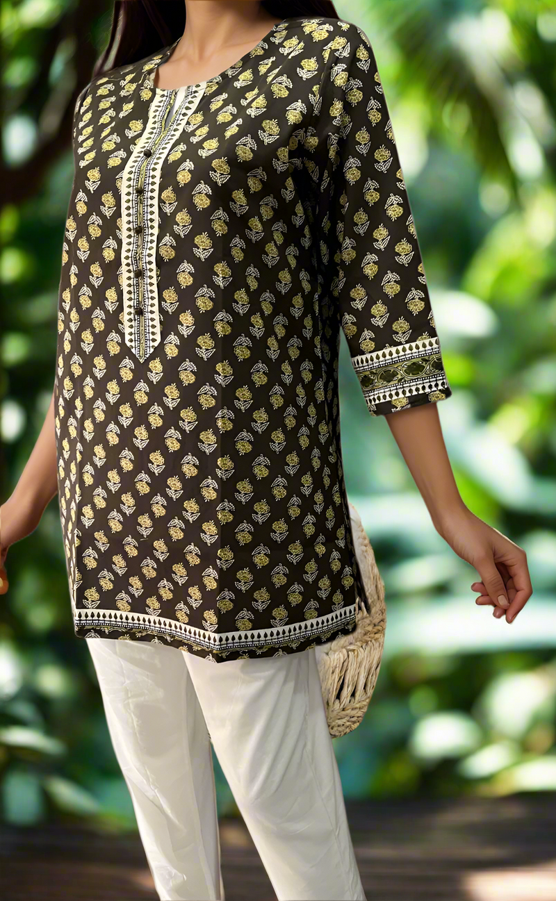 Brown/Mehndi Green Flora Jaipuri Cotton Short Kurti. Pure Versatile Cotton. | Laces and Frills