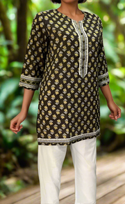 Brown/Mehndi Green Flora Jaipuri Cotton Short Kurti. Pure Versatile Cotton. | Laces and Frills