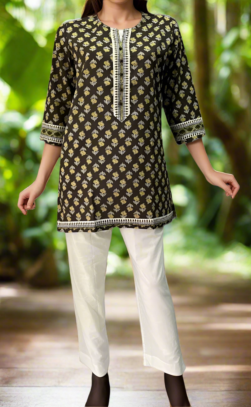 Brown/Mehndi Green Flora Jaipuri Cotton Short Kurti. Pure Versatile Cotton. | Laces and Frills