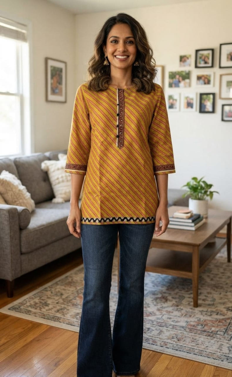 Yellow Lehariya Jaipuri Cotton Short Kurti. Pure Versatile Cotton. | Laces and Frills