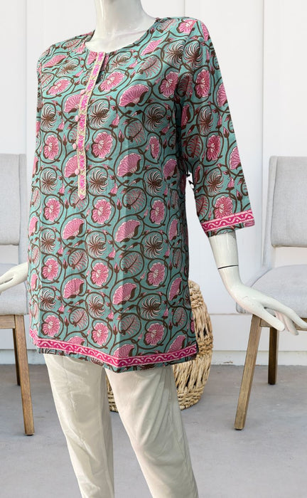 Sea Green/Pink Garden Jaipuri Cotton Short Kurti. Pure Versatile Cotton. | Laces and Frills - Laces and Frills