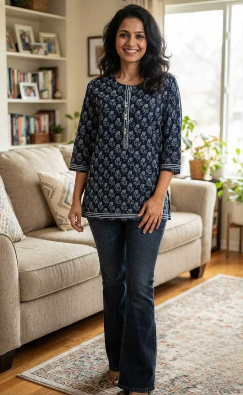 Navy Blue Flora Jaipuri Cotton Short Kurti. Pure Versatile Cotton. | Laces and Frills