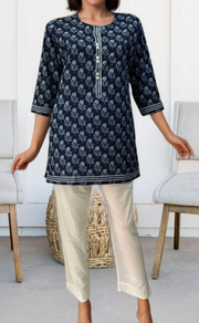 Navy Blue Flora Jaipuri Cotton Short Kurti. Pure Versatile Cotton. | Laces and Frills - Laces and Frills