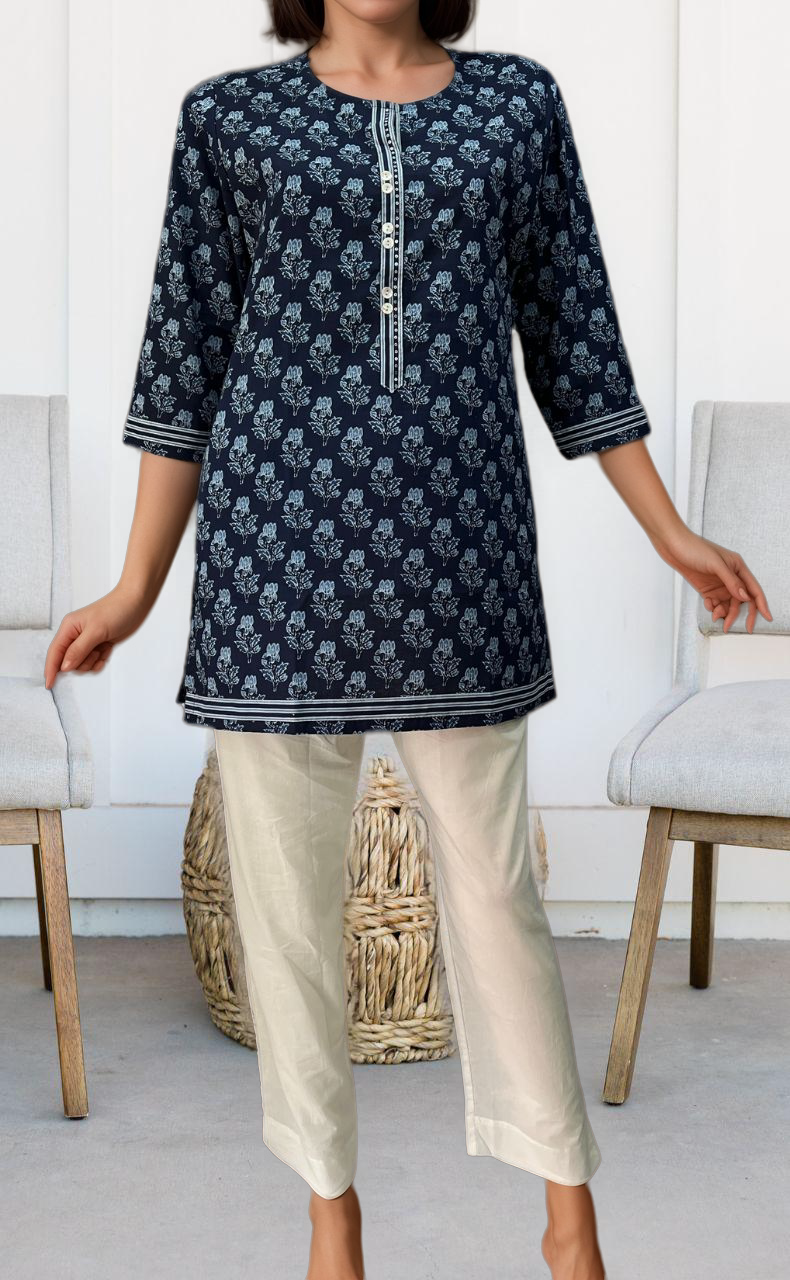 Navy Blue Flora Jaipuri Cotton Short Kurti. Pure Versatile Cotton. | Laces and Frills - Laces and Frills