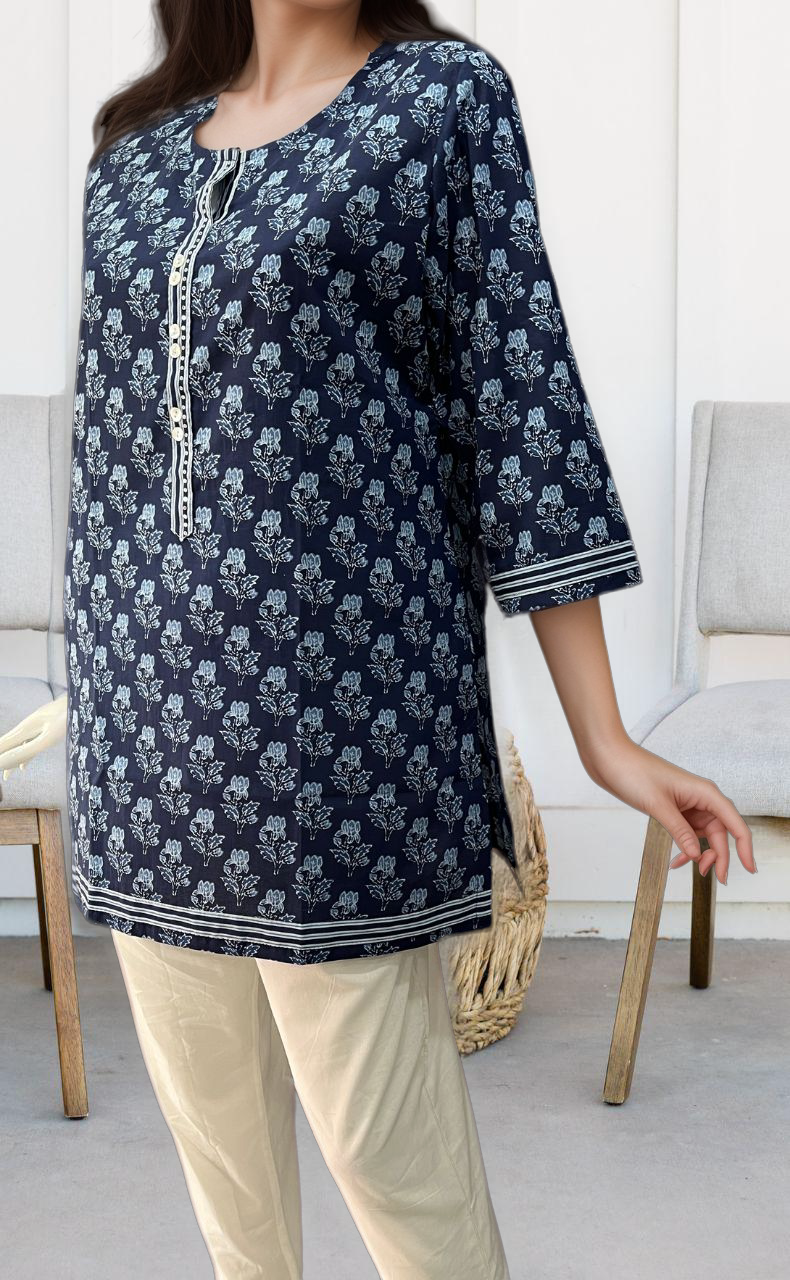 Navy Blue Flora Jaipuri Cotton Short Kurti. Pure Versatile Cotton. | Laces and Frills - Laces and Frills