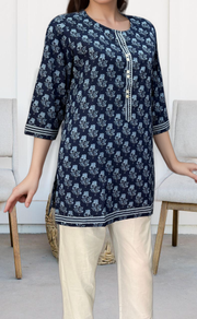 Navy Blue Flora Jaipuri Cotton Short Kurti. Pure Versatile Cotton. | Laces and Frills - Laces and Frills