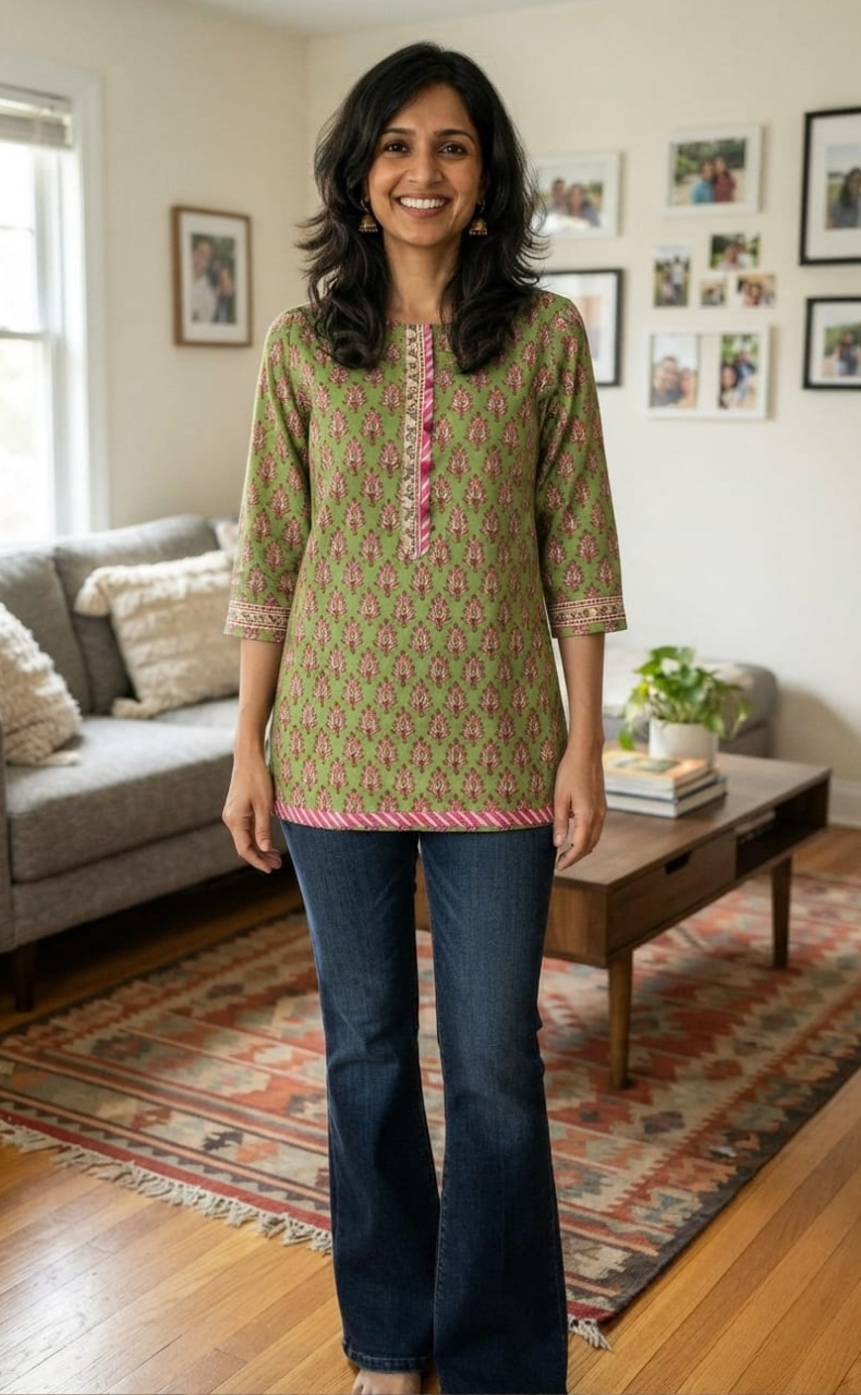 Green/Pink Flora Jaipuri Cotton Short Kurti. Pure Versatile Cotton. | Laces and Frills