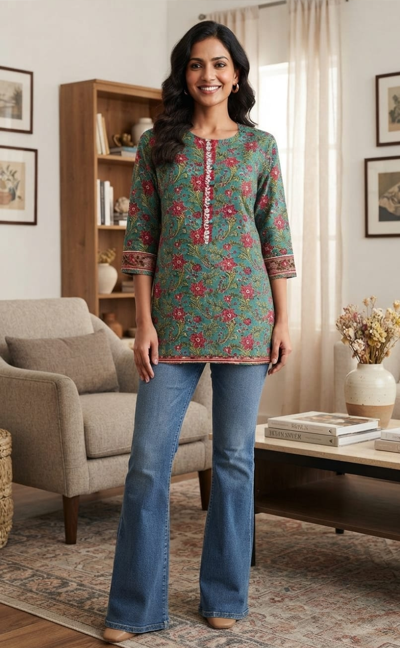 Sky Blue/Pink Jaipuri Cotton Short Kurti. Pure Versatile Cotton. | Laces and Frills
