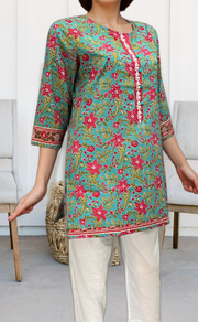 Sky Blue/Pink Jaipuri Cotton Short Kurti. Pure Versatile Cotton. | Laces and Frills - Laces and Frills