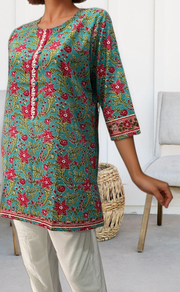 Sky Blue/Pink Jaipuri Cotton Short Kurti. Pure Versatile Cotton. | Laces and Frills - Laces and Frills