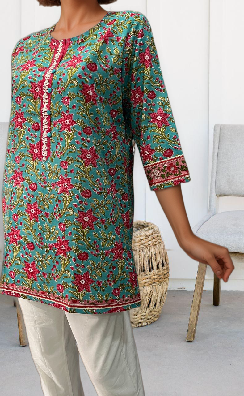 Sky Blue/Pink Jaipuri Cotton Short Kurti. Pure Versatile Cotton. | Laces and Frills - Laces and Frills