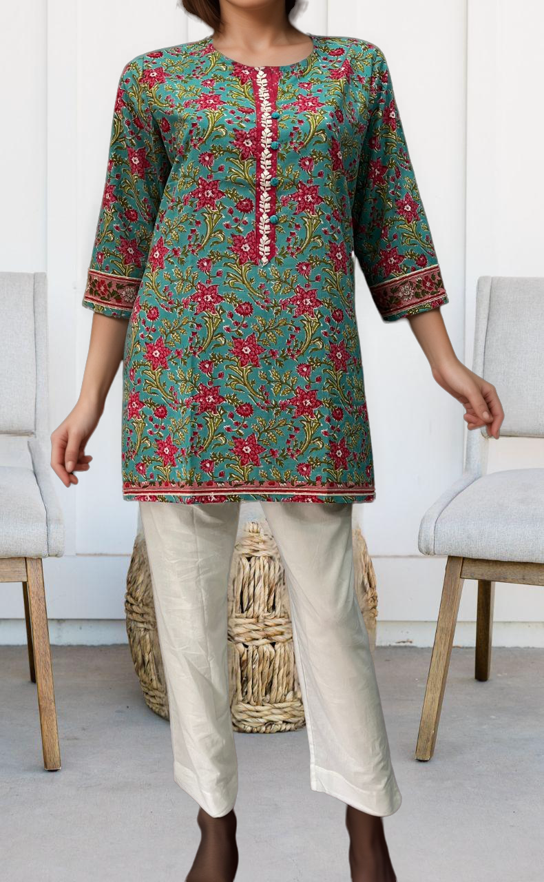 Sky Blue/Pink Jaipuri Cotton Short Kurti. Pure Versatile Cotton. | Laces and Frills - Laces and Frills