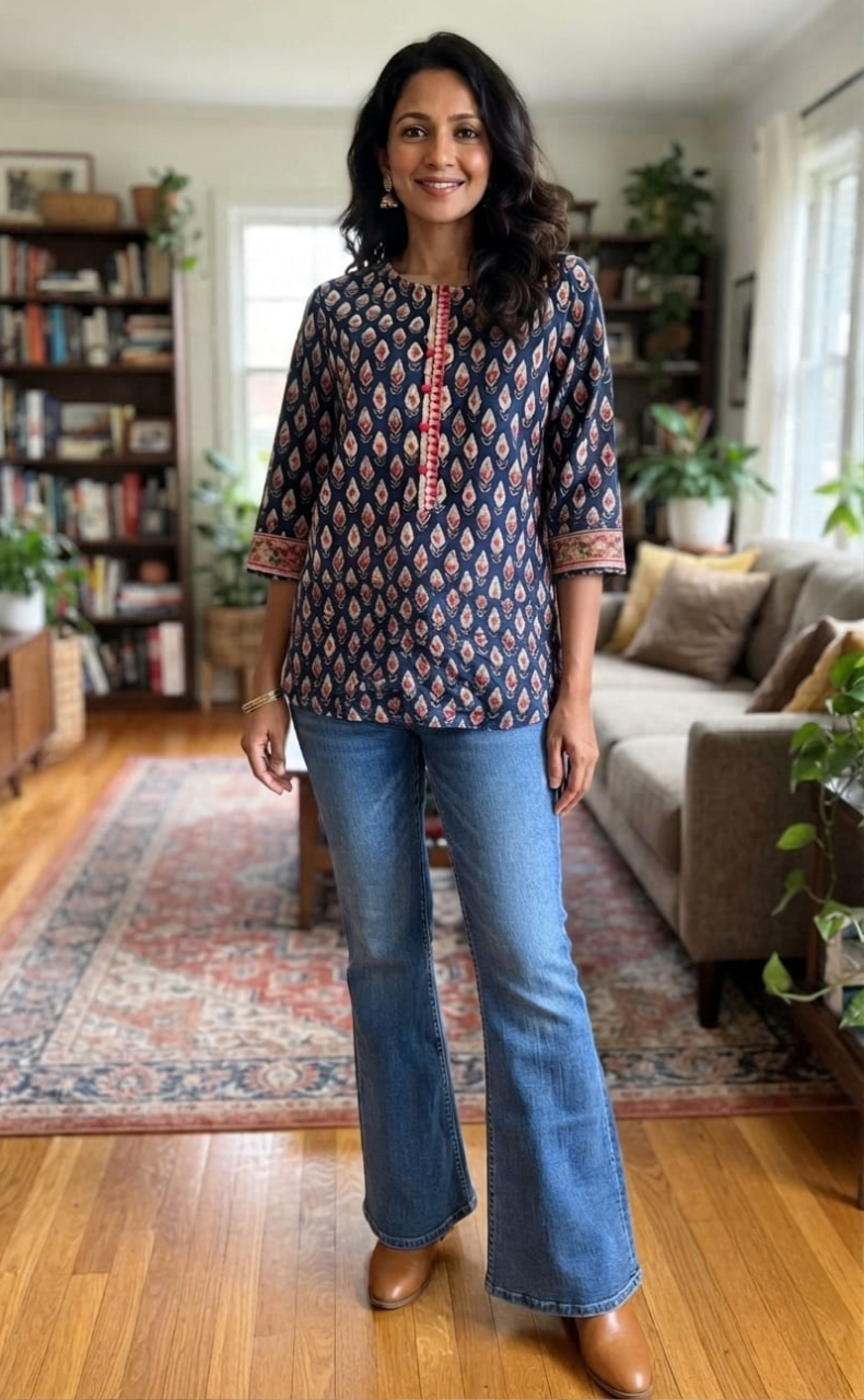 Indigo Blue/Red Buds Jaipuri Cotton Short Kurti. Pure Versatile Cotton. | Laces and Frills
