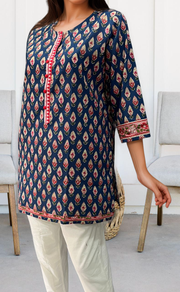 Indigo Blue/Red Buds Jaipuri Cotton Short Kurti. Pure Versatile Cotton. | Laces and Frills - Laces and Frills