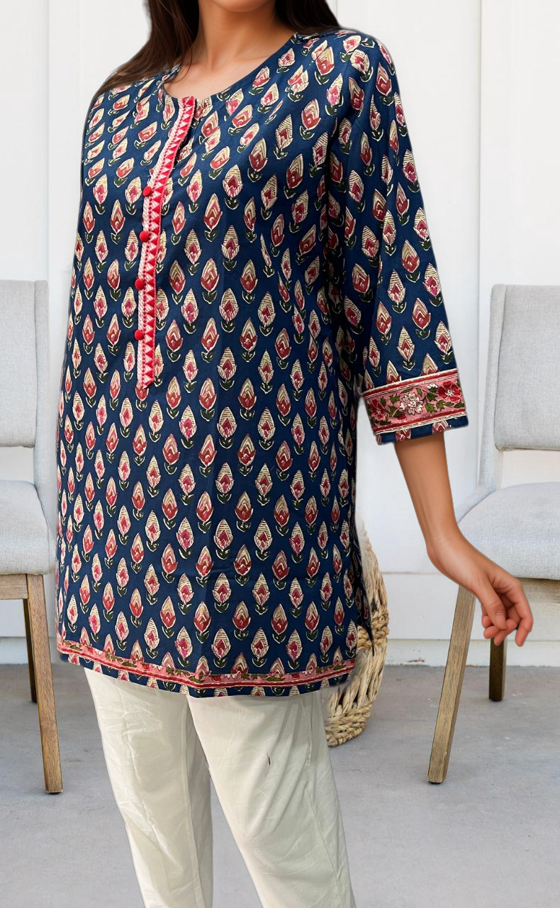 Indigo Blue/Red Buds Jaipuri Cotton Short Kurti. Pure Versatile Cotton. | Laces and Frills - Laces and Frills