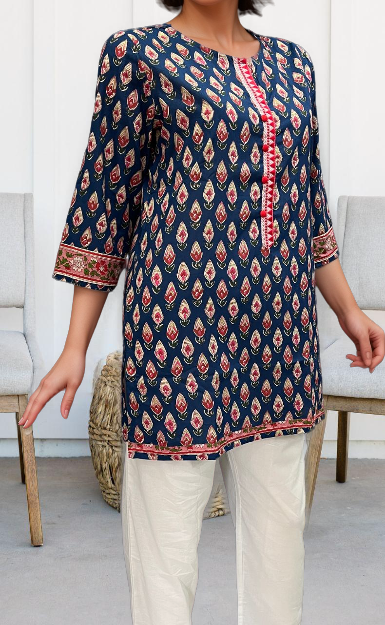 Indigo Blue/Red Buds Jaipuri Cotton Short Kurti. Pure Versatile Cotton. | Laces and Frills - Laces and Frills