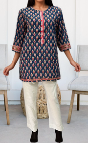 Indigo Blue/Red Buds Jaipuri Cotton Short Kurti. Pure Versatile Cotton. | Laces and Frills - Laces and Frills