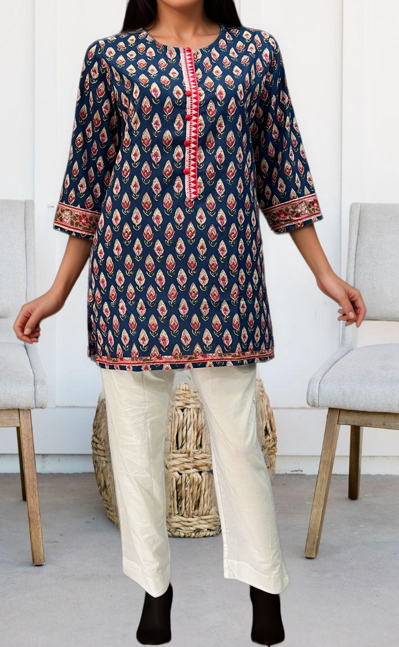 Indigo Blue/Red Buds Jaipuri Cotton Short Kurti. Pure Versatile Cotton. | Laces and Frills - Laces and Frills