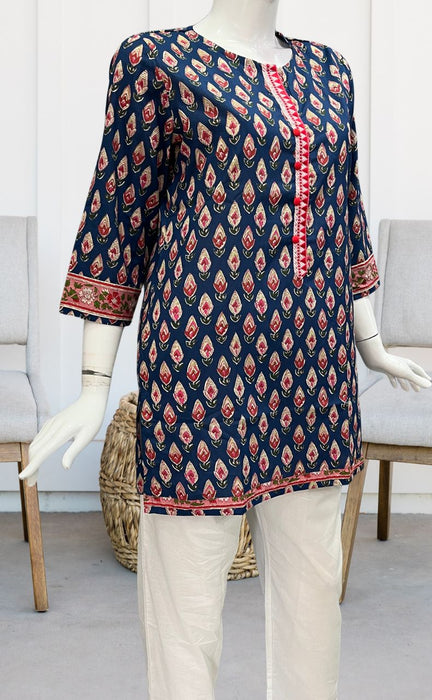 Indigo Blue/Red Buds Jaipuri Cotton Short Kurti. Pure Versatile Cotton. | Laces and Frills - Laces and Frills