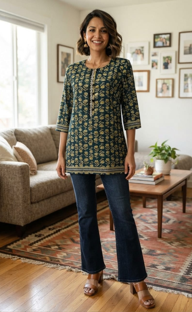 Prussian Blue Flora Jaipuri Cotton Short Kurti. Pure Versatile Cotton. | Laces and Frills
