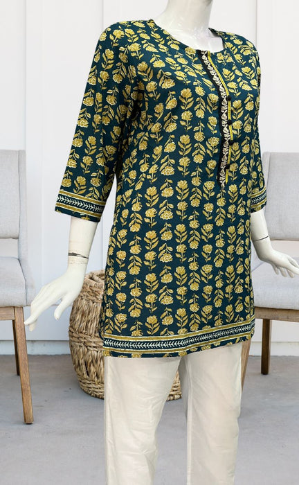 Prussian Blue Flora Jaipuri Cotton Short Kurti. Pure Versatile Cotton. | Laces and Frills - Laces and Frills