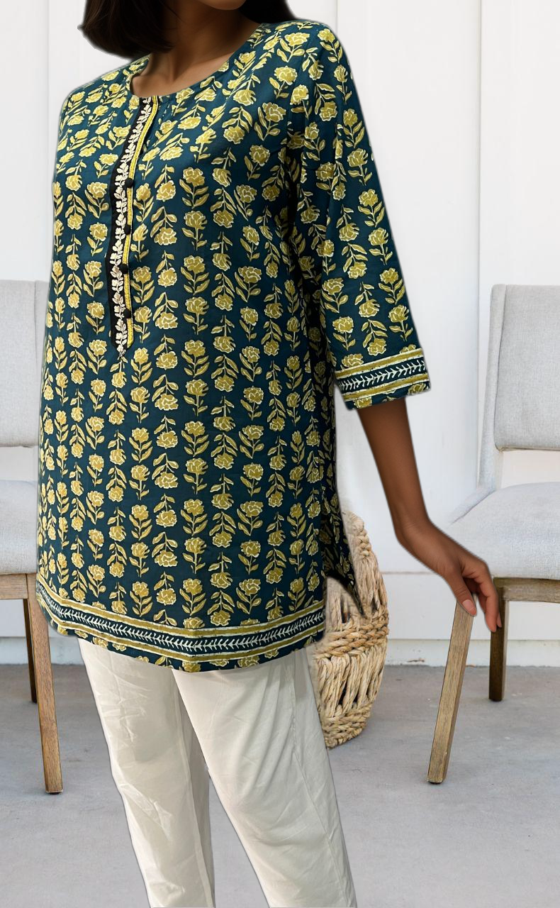 Prussian Blue Flora Jaipuri Cotton Short Kurti. Pure Versatile Cotton. | Laces and Frills - Laces and Frills