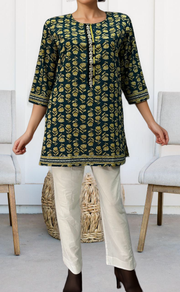 Prussian Blue Flora Jaipuri Cotton Short Kurti. Pure Versatile Cotton. | Laces and Frills - Laces and Frills