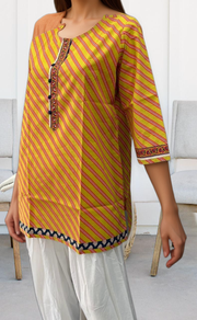 Yellow Lehariya Jaipuri Cotton Short Kurti. Pure Versatile Cotton. | Laces and Frills - Laces and Frills