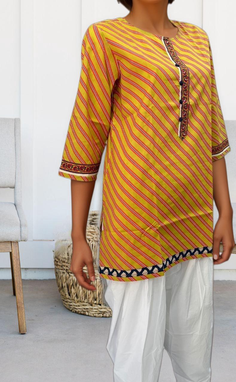 Yellow Lehariya Jaipuri Cotton Short Kurti. Pure Versatile Cotton. | Laces and Frills - Laces and Frills
