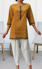 Yellow Lehariya Jaipuri Cotton Short Kurti. Pure Versatile Cotton. | Laces and Frills - Laces and Frills