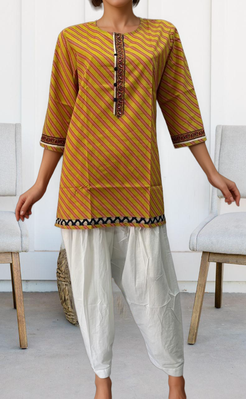 Yellow Lehariya Jaipuri Cotton Short Kurti. Pure Versatile Cotton. | Laces and Frills - Laces and Frills