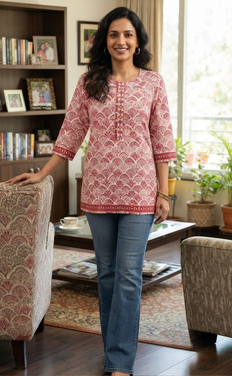 Pink Abstract Jaipuri Cotton Short Kurti. Pure Versatile Cotton. | Laces and Frills