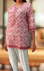 Pink Abstract Jaipuri Cotton Short Kurti. Pure Versatile Cotton. | Laces and Frills - Laces and Frills