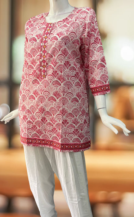Pink Abstract Jaipuri Cotton Short Kurti. Pure Versatile Cotton. | Laces and Frills - Laces and Frills