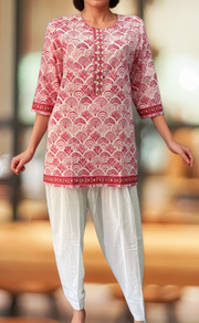 Pink Abstract Jaipuri Cotton Short Kurti. Pure Versatile Cotton. | Laces and Frills - Laces and Frills