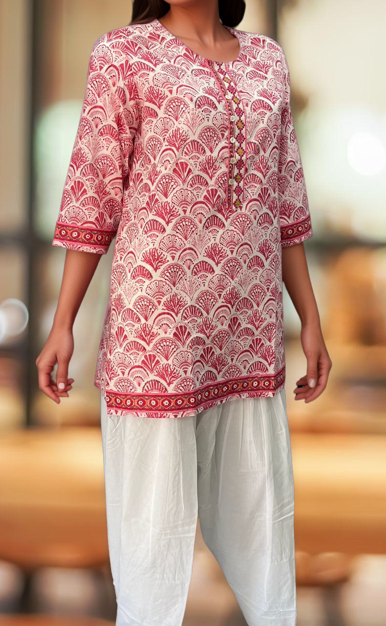 Pink Abstract Jaipuri Cotton Short Kurti. Pure Versatile Cotton. | Laces and Frills - Laces and Frills