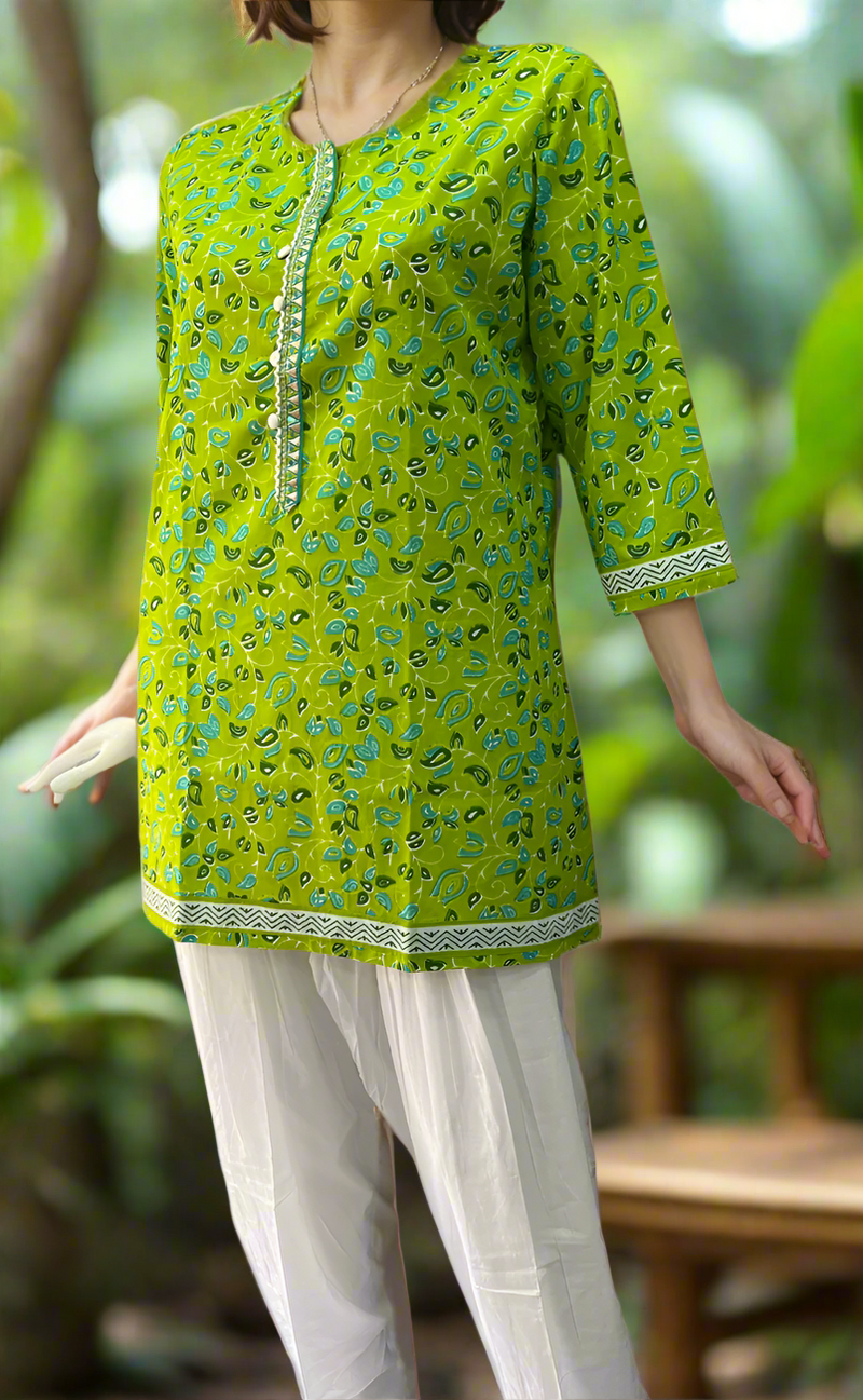 Green Garden Jaipuri Cotton Short Kurti. Pure Versatile Cotton. | Laces and Frills
